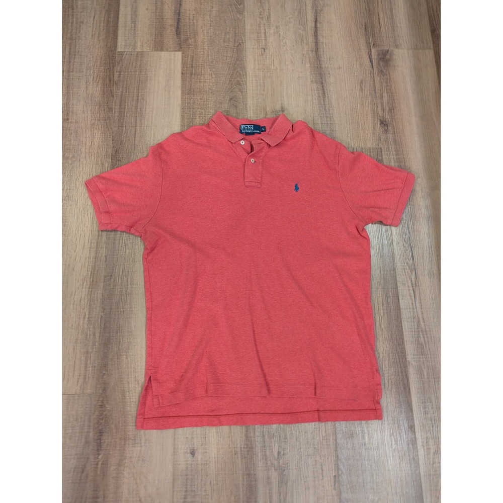 Polo Ralph Lauren Mens Large Coral Red Blue Pony 100% Cotton Polo Shirt
